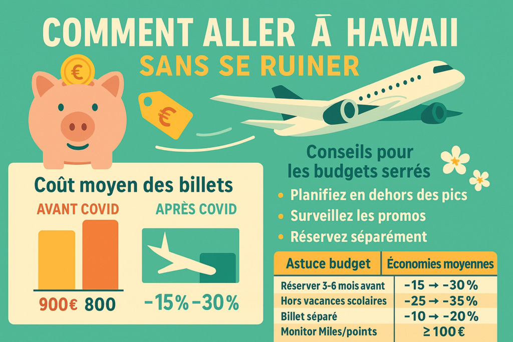 Infographie 700 × 450 px montrant un cochon‑tirelire, un avion, un graphique « avant / après Covid » des prix des billets pour Hawaii, une liste de conseils budgets serrés et un tableau d’économies possibles en pourcentage.